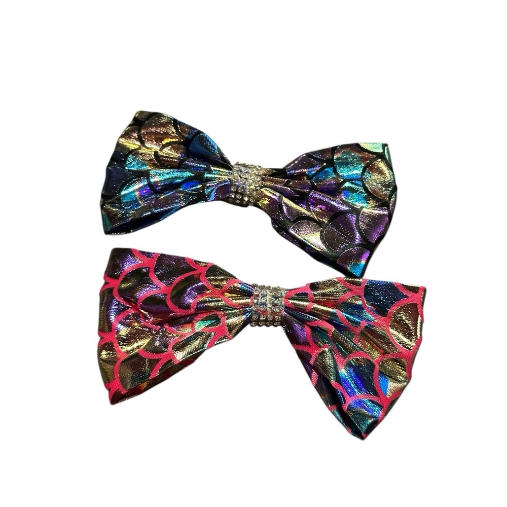 Mermaid Scale Hair Bow Clips Set 2 Iridescent Metallic Rhinestone‎ 4 Inch Womens